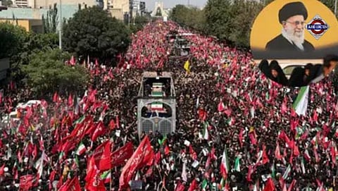 Mourners carrying red flags gather during the funeral procession of Ayatollah Ali Khamenei in Tehran, where the banners symbolise martyrdom, justice, and have broader religious significance in Shia Islam.