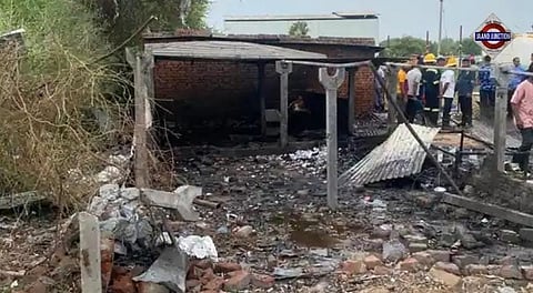 A view of the explosion site in Ahmedabad, where a suspected illegal firecracker factory caught fire, killing five people and injuring 10 others.