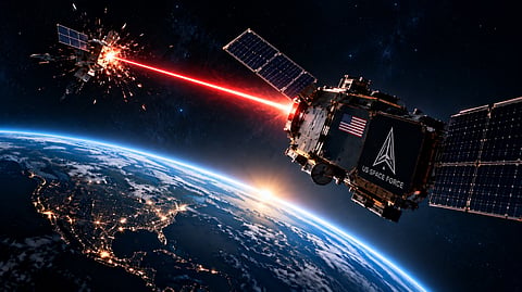 US Space Force and orbital weapon concept representing the militarisation of space