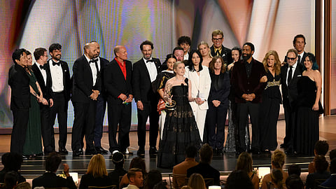 Screenwriter Katie Dippold and members of the cast accepts the award Outstanding Comedy Series for "Widow's Bay" onstage during the 78th Primetime Emmy Awards in Los Angeles, September 14, 2026.