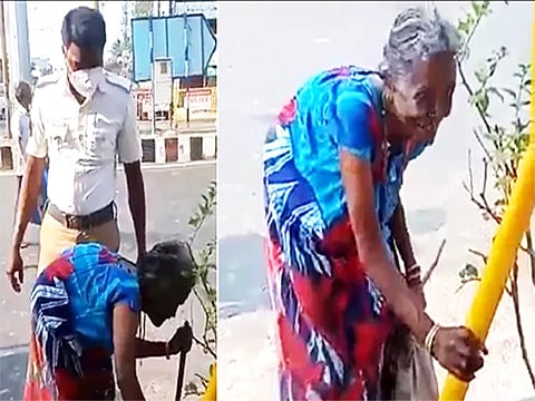 மூதாட்டிக்கு காலணி: போக்குவரத்து காவலரின் செயலுக்கு குவியும் பாராட்டு!