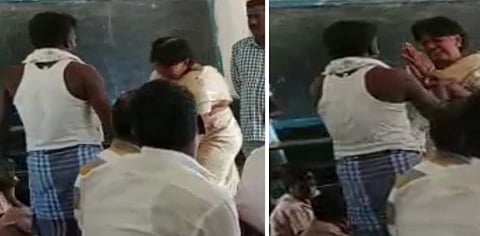 காலில் விழுந்து மன்னிப்பு கேட்ட உதவி தலைமை ஆசிரியை!
