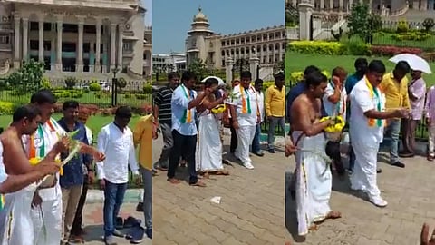 கர்நாடக சட்டப்பேரவை வளாகத்தை கோமியத்தால் சுத்தம் செய்த காங்கிரஸார்!