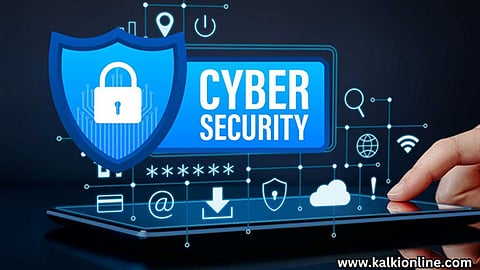 A hand touching a tablet with a cyber security shield and digital icons