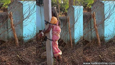 Son tied Mother on Electric post.