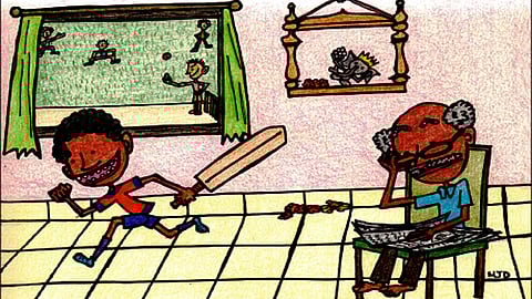 a boy run to play and a grandpa sit in chair