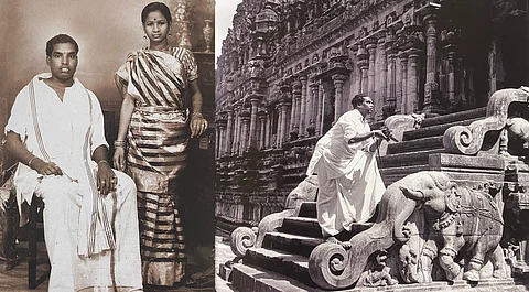 ஓவியர் மணியம் தனது துணைவியாரோடு மற்றும் கோயில் சிற்பத்தை கண்டு ரசிக்கும் ஓவியர் மணியம்...