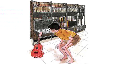 a boy see the guitar