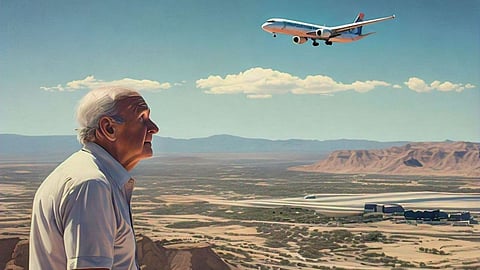 விமானத்தைக் கண்டு அதிசயிக்கும் முதியவர்