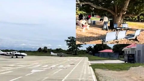 The airport where the passengers are waiting under the tree!