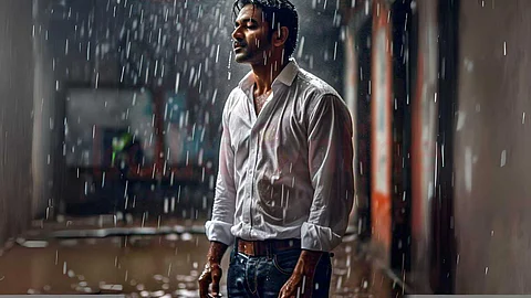 A man is getting wet in the rain