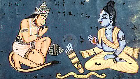 A bell hangs from Hanuman's tail.