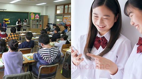 School students using smartphone