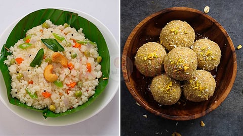 Crunchy rava buttons and peanut coconut laddu!