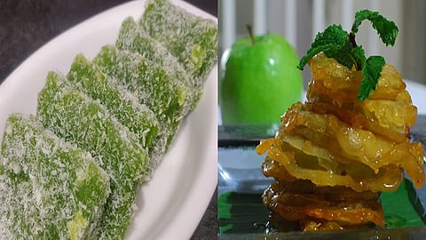 raw mango barfi and rose apple jalebi