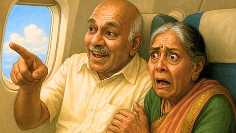 Old Couple travel on plane