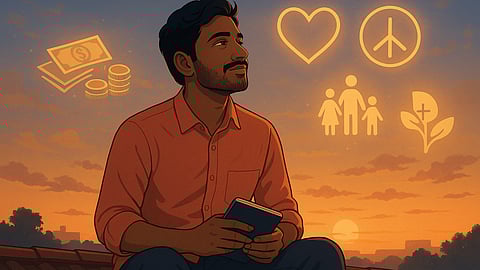 man thinking about money vs happiness