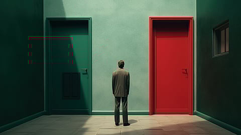 Person front of door