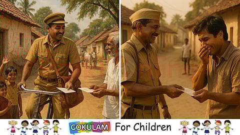 A kind Indian postman in a khaki uniform from the 1970s delivers a letter.