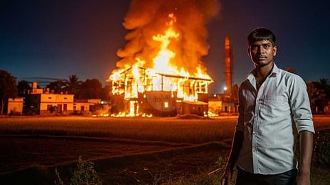 Man near burning factory