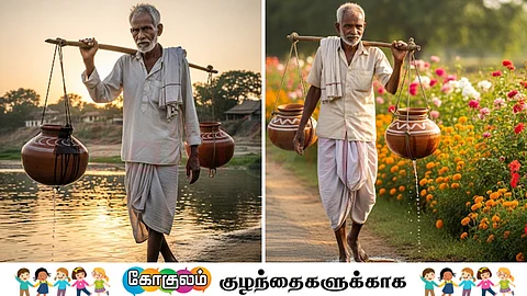 Old man carrying pots to fetch water