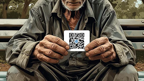 elderly man begging with a QR code card