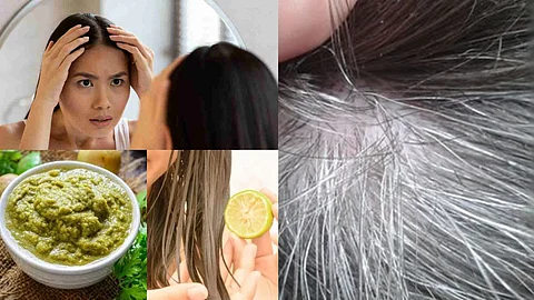 girl seeing grey hair in mirror