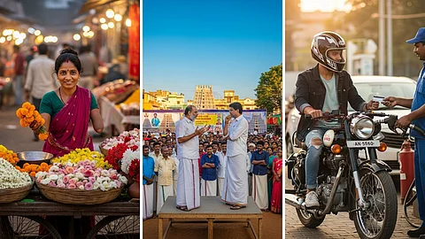 disabled woman sell flower. 2 men speak on stage. young man give credit card