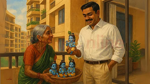 Grandma selling krishna idol