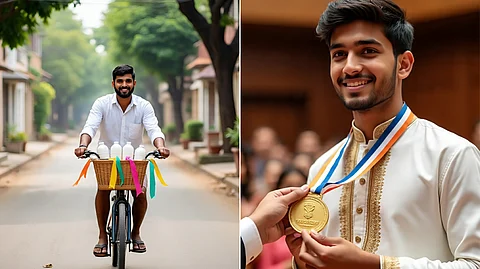 man in cycle selling and man with gold medal