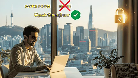 an Indian professional working on a laptop with the beautiful Seoul city skyline in the background