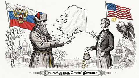A Russian handing over a snow-covered landmass of Alaska to an American