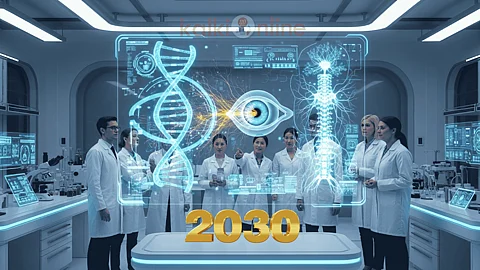 A team of scientists in a futuristic lab looks at a holographic screen displaying a DNA helix,