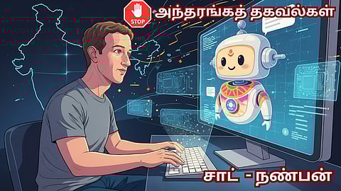 Zuckerberg at computer creating AI chatbot for India.