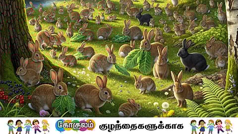 Happy rabbits eating green leaves