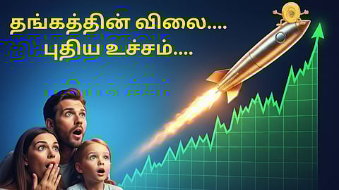 Gold coin rocket, shocked family. Price graph rising.