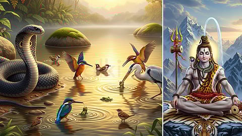 snake see the pond and birds hurting the frogs & lord shiva