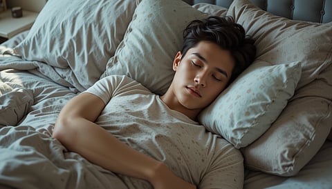 Young man sleeping peacefully on pillows in bed.