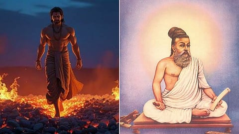 man walking over fire and thiruvalluvar