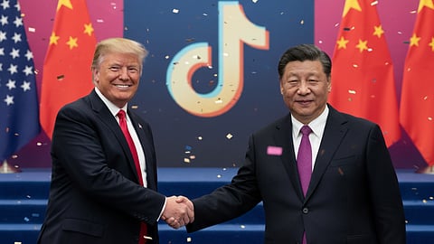 Trump and Xi handshake at TikTok event with US and China flags backdrop.