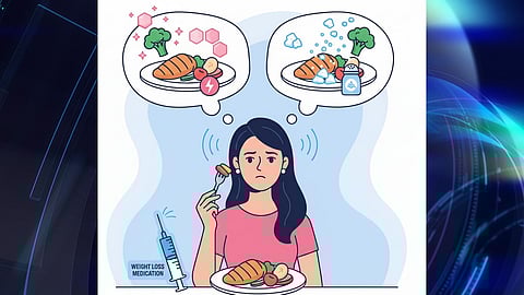 Woman experiencing altered taste from weight loss injection.