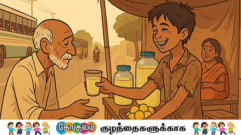 Young boy selling juice helps old man