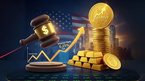 Gavel, US flag, chart, gold bars show rate cut impact.