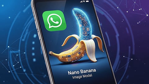 Phone displaying WhatsApp icon and a tech-enhanced banana