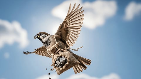 A bird flying with stones