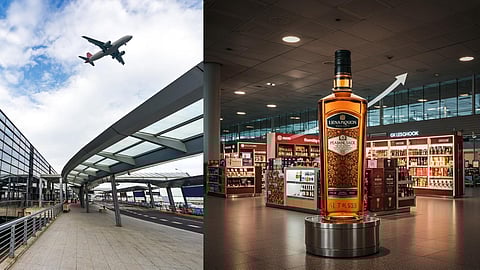 Large liquor bottle on display at a duty-free