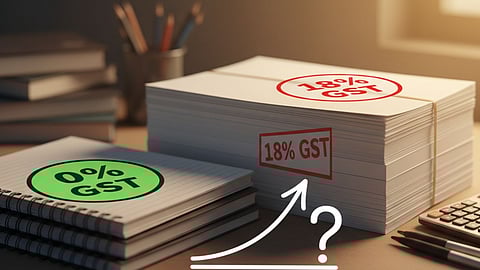 Alt Text: GST rates: 0% on notebooks, 18% on paper. Prices questioned
