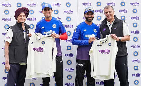 Apollo executives with Gill, Jadeja unveil India's new cricket jersey.