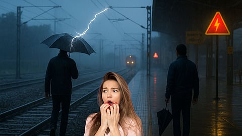 umbrella near railway tracks