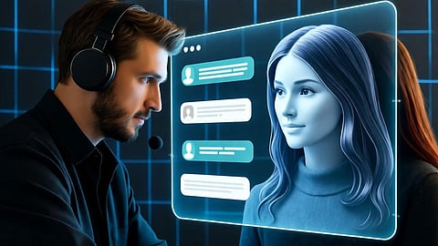 Hackers unveiling a glowing holographic AI companion in a dark digital setting.